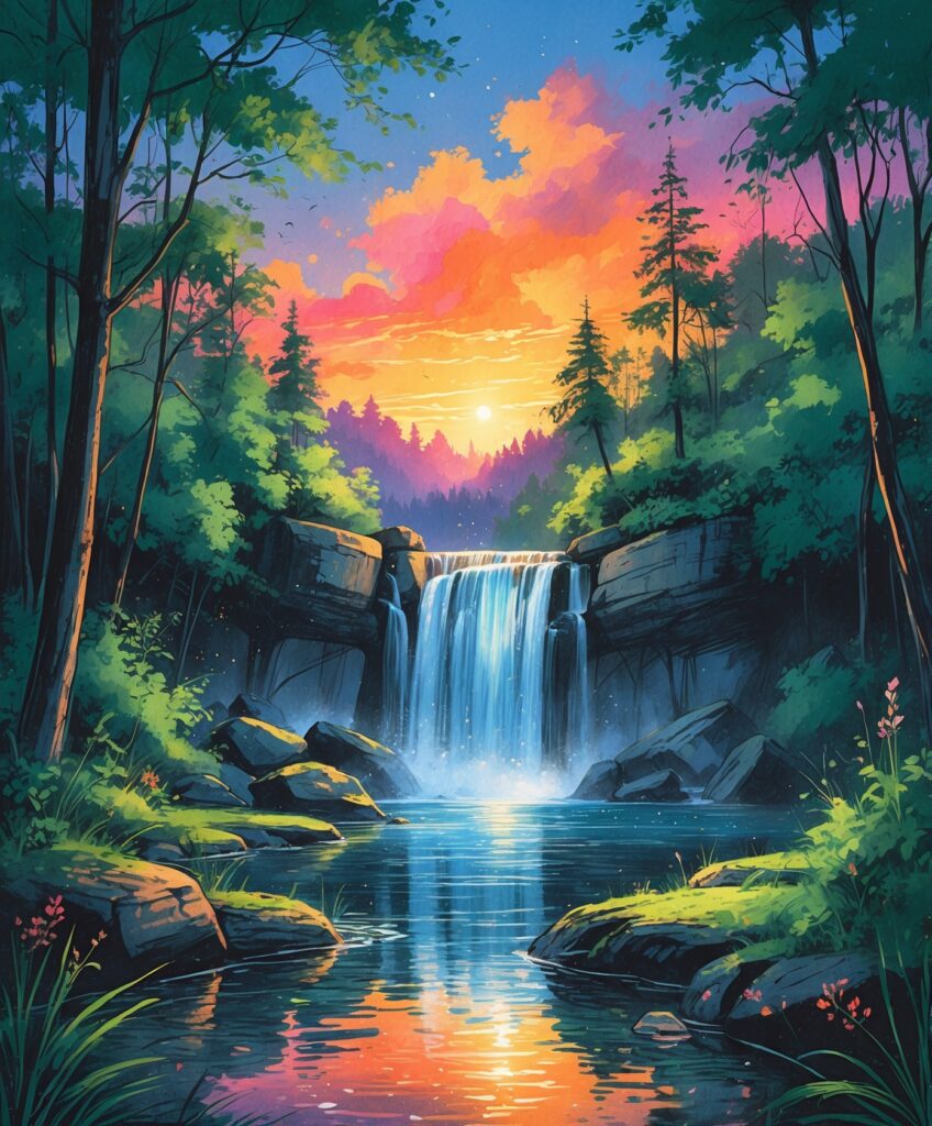Serene Forest Waterfall at Sunset – free AI stock image