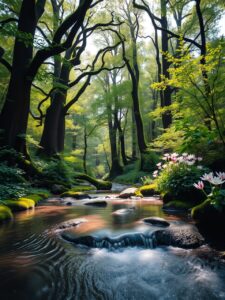 Serene Forest with Gentle Stream – free AI stock image