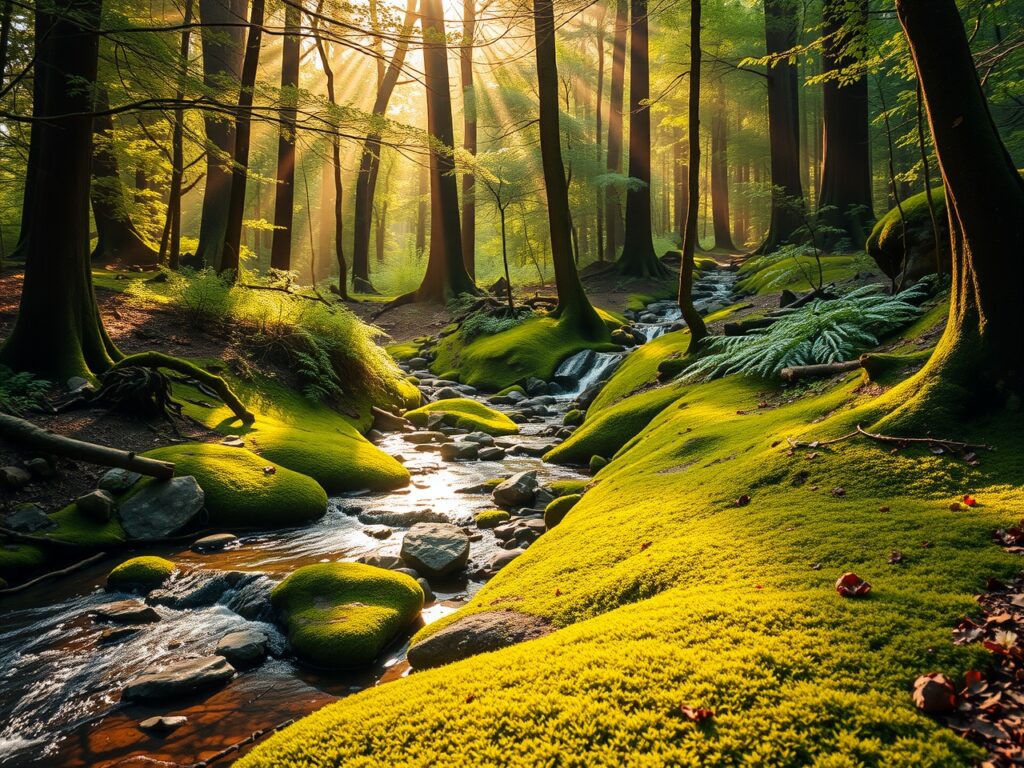 Serene Forest with Gentle Stream and Sunlight – free AI stock image