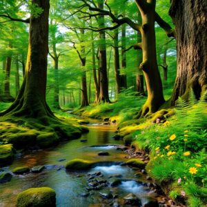 Serene Forest with Gentle Stream and Vibrant Flora – free AI stock image