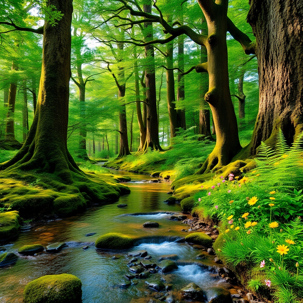 Serene Forest with Gentle Stream and Vibrant Flora – free AI stock image