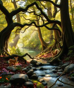 Serene Forest with Gentle Stream Flowing – free AI stock image