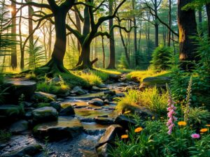 Serene Forest with Gentle Stream Flowing – free AI stock image