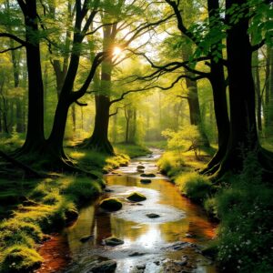 Serene Forest with Gentle Stream Flowing – free AI stock image
