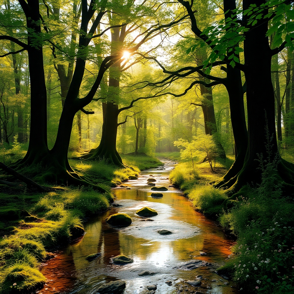Serene Forest with Gentle Stream Flowing – free AI stock image