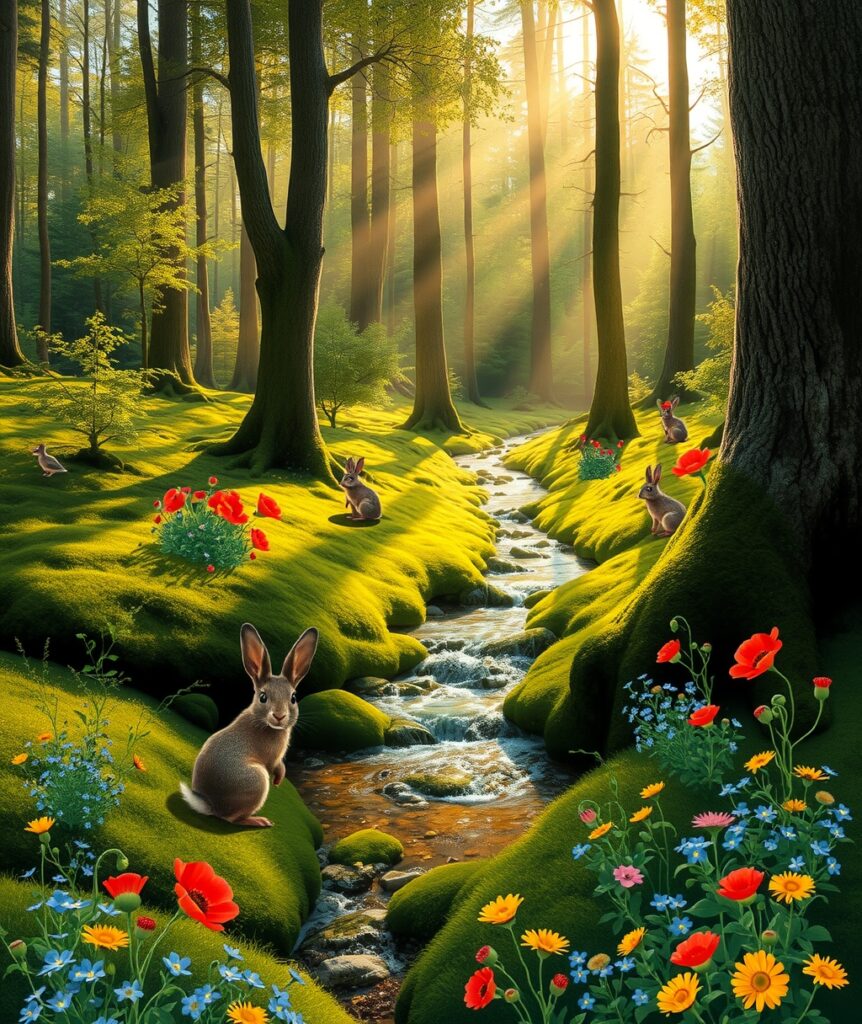 Serene Forest with Glowing Moss and Stream – free AI stock image