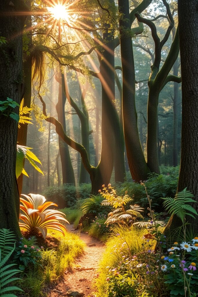 Serene Forest with Glowing Sunlight – free AI stock image