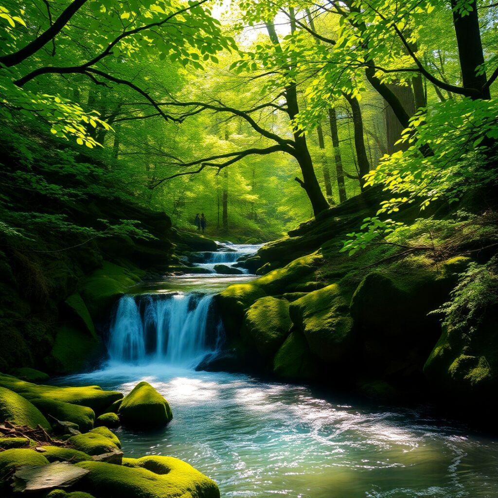 Serene Forest with Majestic Waterfall – free AI stock image