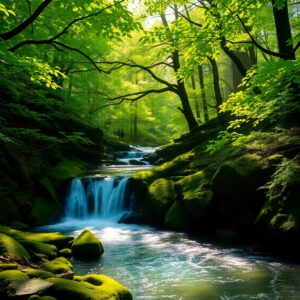 Serene Forest with Majestic Waterfall – free AI stock image