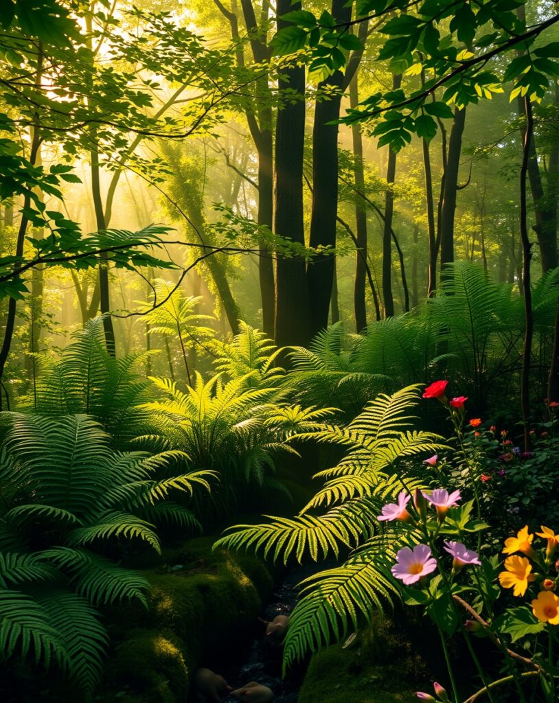 Serene Forest with Morning Dewdrops – free AI stock image