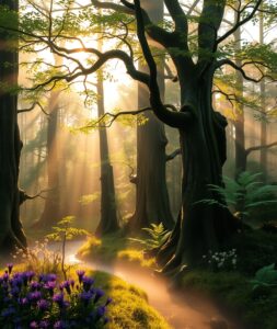 Serene Forest with Soft Morning Light – free AI stock image