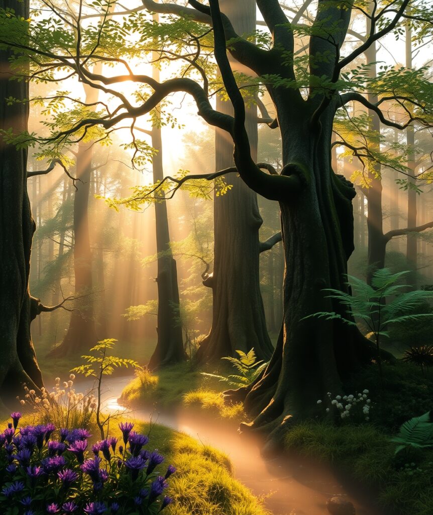 Serene Forest with Soft Morning Light – free AI stock image
