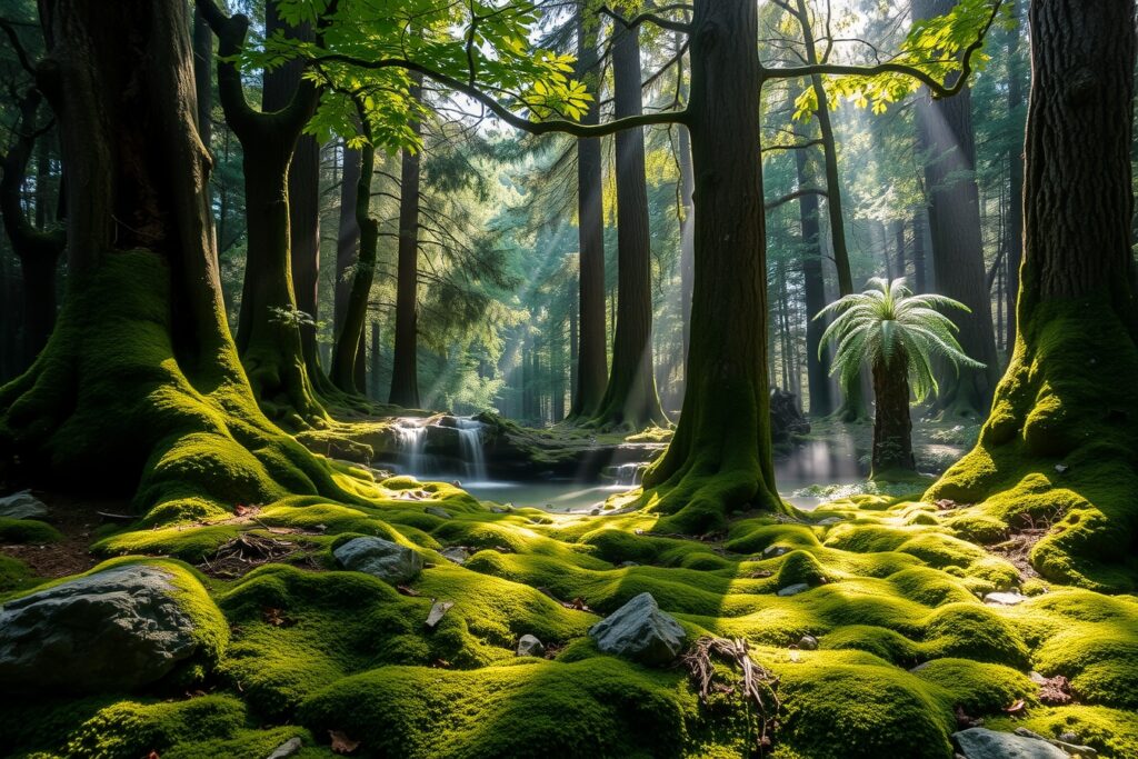 Serene Forest with Sunbeams and Mist – free AI stock image