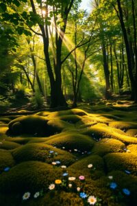 Serene Forest with Sunlight Filtering Through – free AI stock image