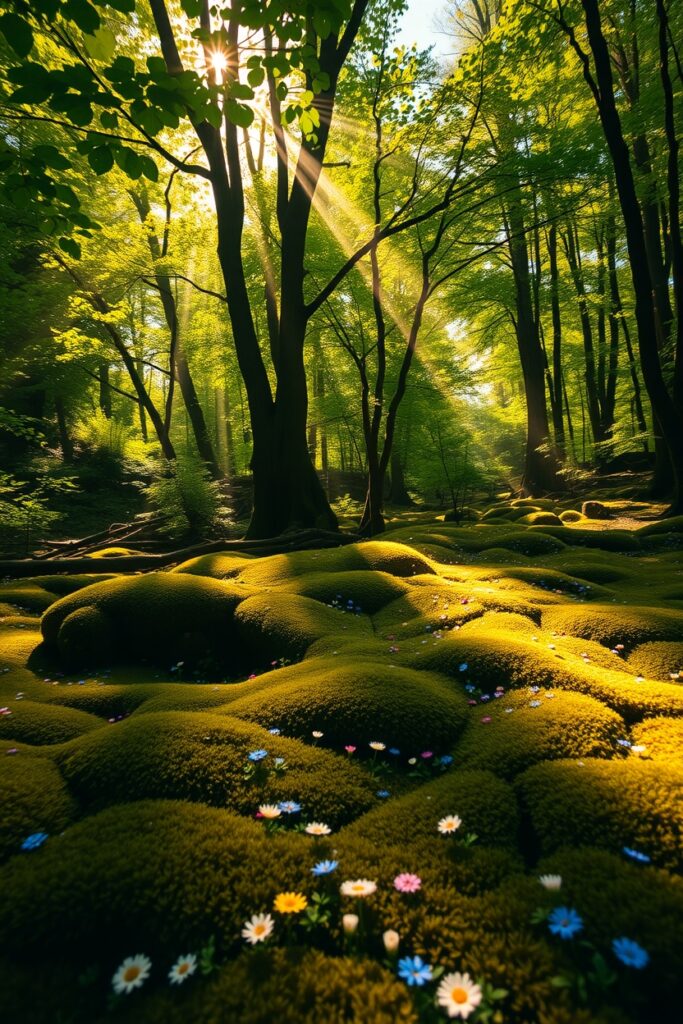 Serene Forest with Sunlight Filtering Through – free AI stock image