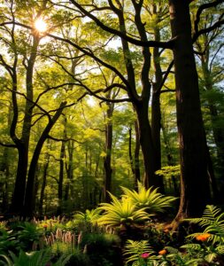 Serene Forest with Sunlight Filtering Through – free AI stock image