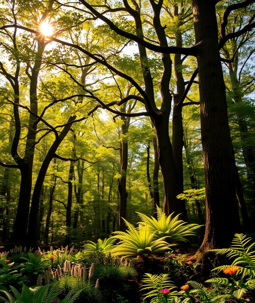 Serene Forest with Sunlight Filtering Through – free AI stock image