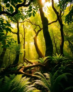 Serene Forest with Sunlight Filtering Through Leaves – free AI stock image
