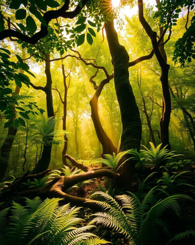 Serene Forest with Sunlight Filtering Through Leaves – free AI stock image