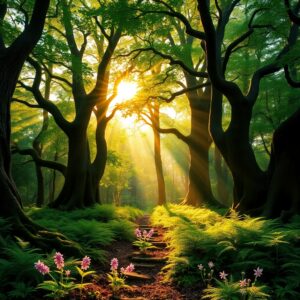 Serene Forest with Sunlight Filtering Through Trees – free AI stock image