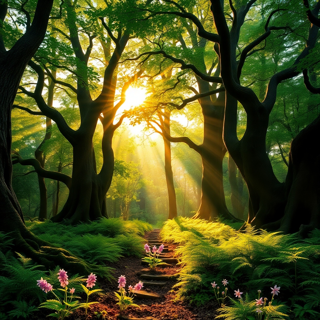 Serene Forest with Sunlight Filtering Through Trees – free AI stock image