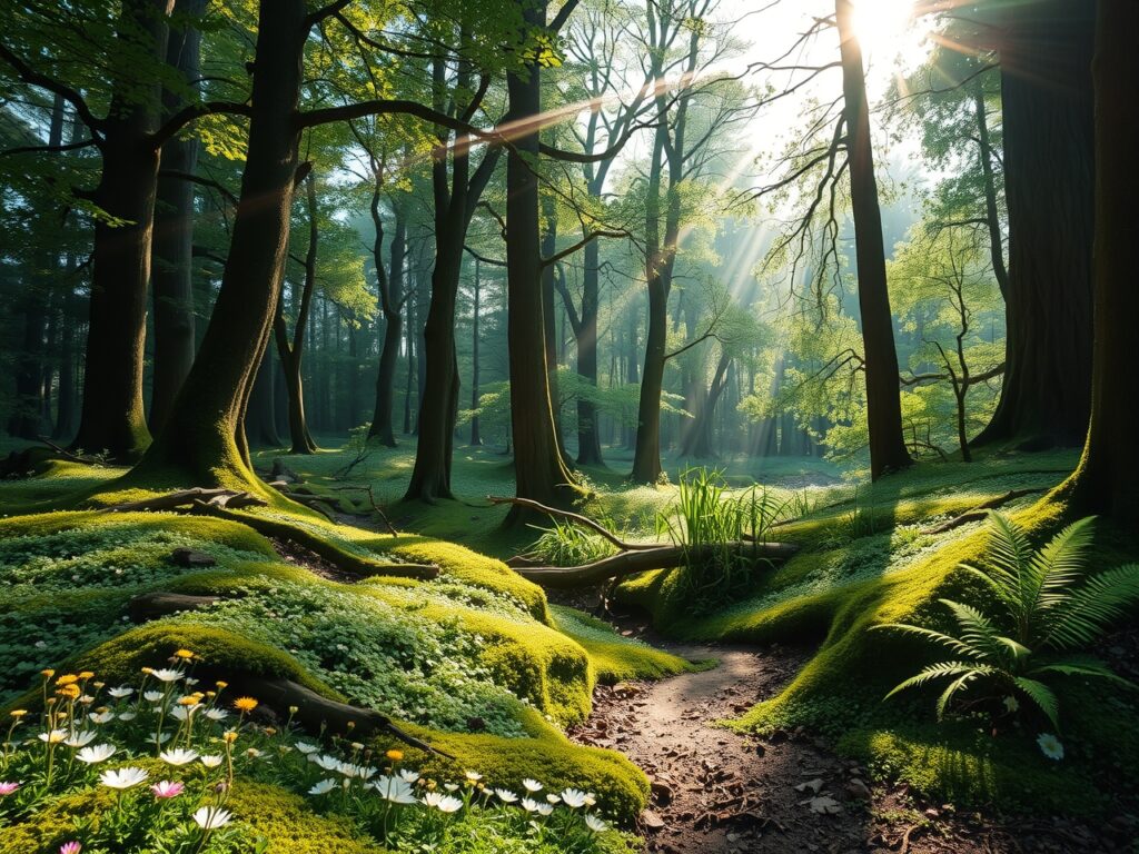 Serene Forest with Sunlight Filtering Through Trees – free AI stock image