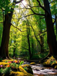 Serene Forest with Sunlight Filtering Through Trees – free AI stock image