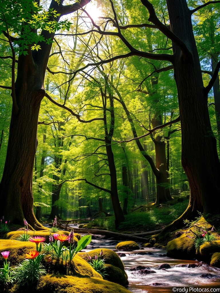 Serene Forest with Sunlight Filtering Through Trees – free AI stock image