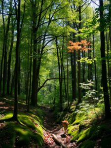 Serene Forest With Sunlight Filtering Through Trees – free AI stock image