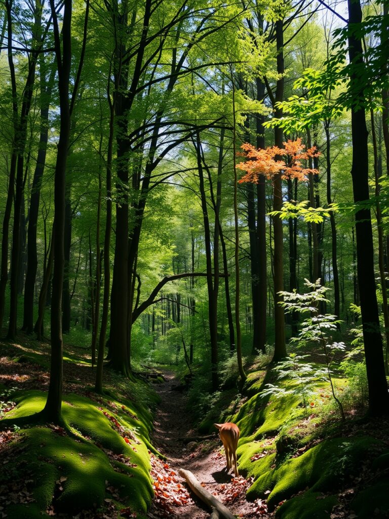 Serene Forest With Sunlight Filtering Through Trees – free AI stock image