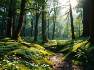 Serene Forest with Sunlight Filtering Through Trees – free AI stock image