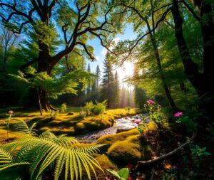 Serene Forest with Sunlight Filtering Through Trees – free AI stock image
