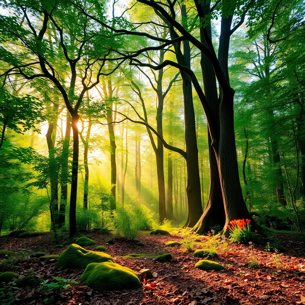 Serene Forest with Sunlight Streaming Through – free AI stock image