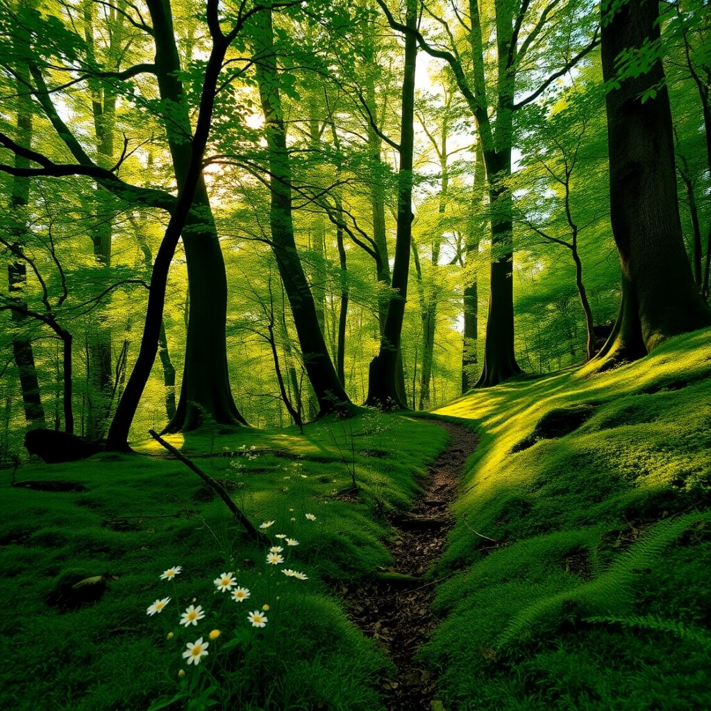 Serene Forest with Sunlight Streaming Through – free AI stock image