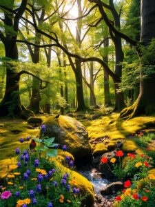 Serene Forest with Sunlight Streaming Through – free AI stock image