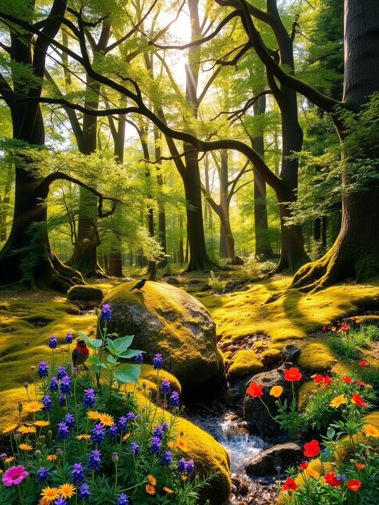 Serene Forest with Sunlight Streaming Through – free AI stock image
