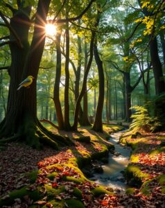 Serene Forest with Sunlight Streaming Through Trees – free AI stock image