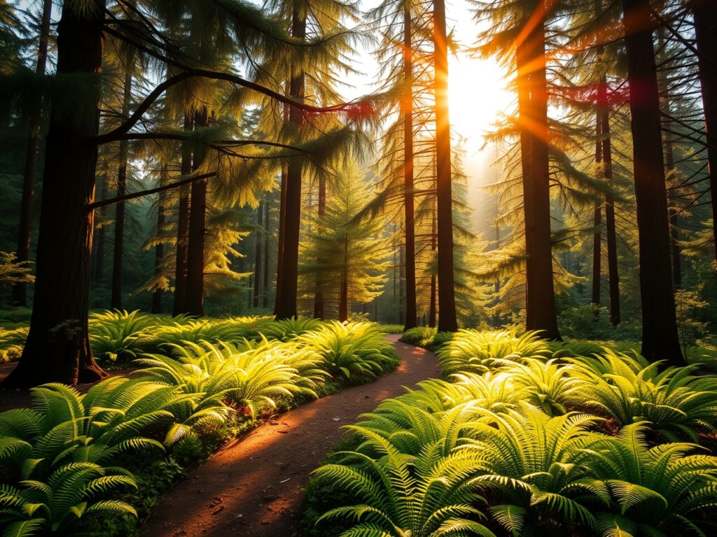 Serene Forest with Sunlight Streaming Through Trees – free AI stock image