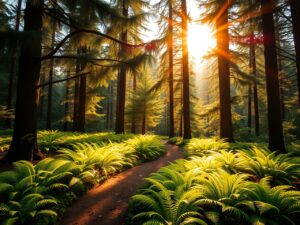Serene Forest with Sunlight Streaming Through Trees – free AI stock image
