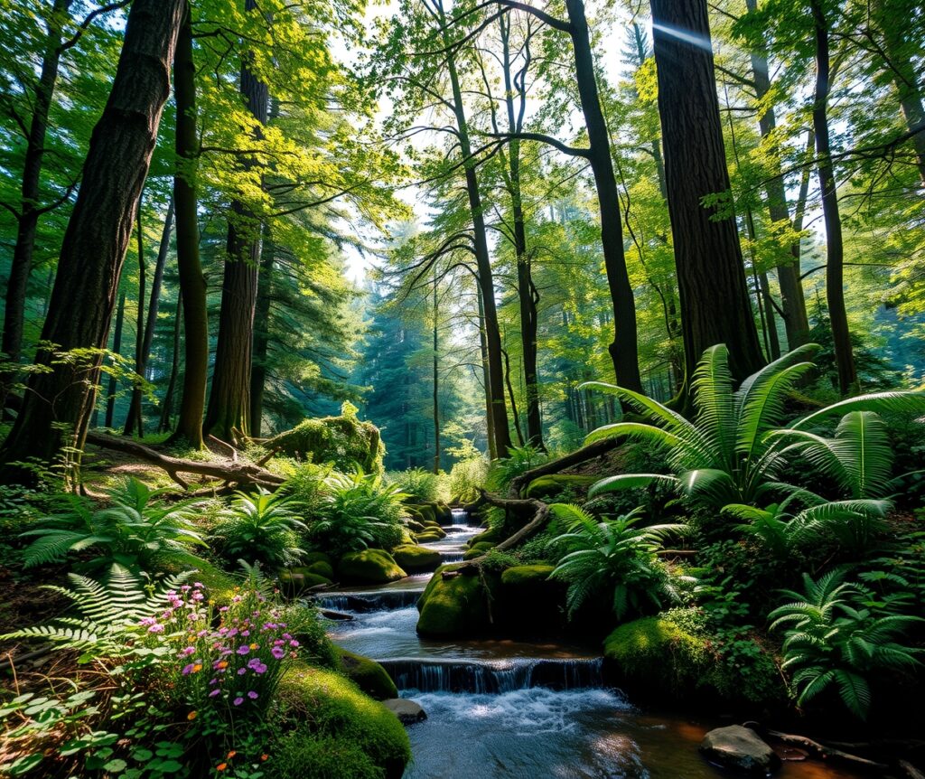 Serene Forest with Whispering Stream – free AI stock image