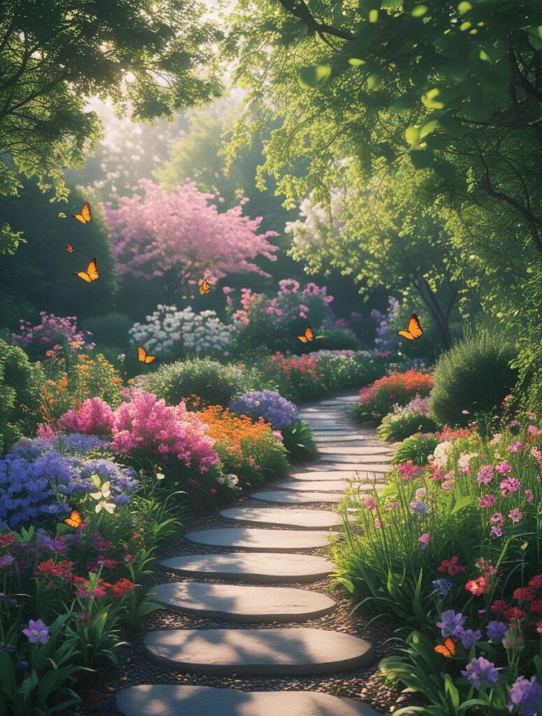 Serene Garden Path with Colorful Flowers – free AI stock image