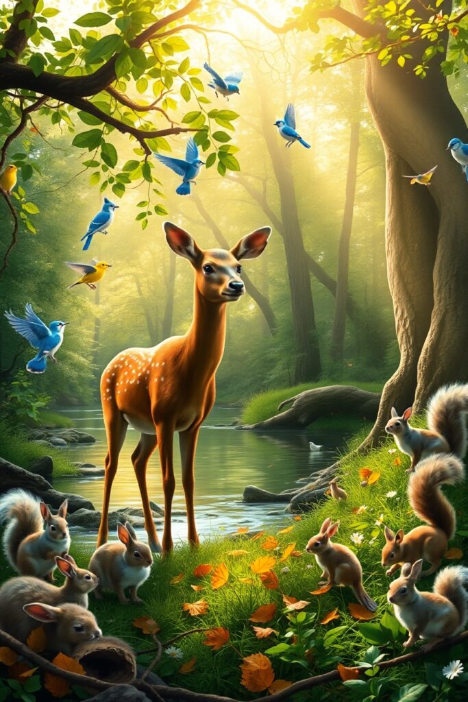 Serene Gathering of Forest Animals – free AI stock image