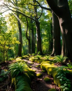 Serene Green Forest Background with Dappled Light – free AI stock image