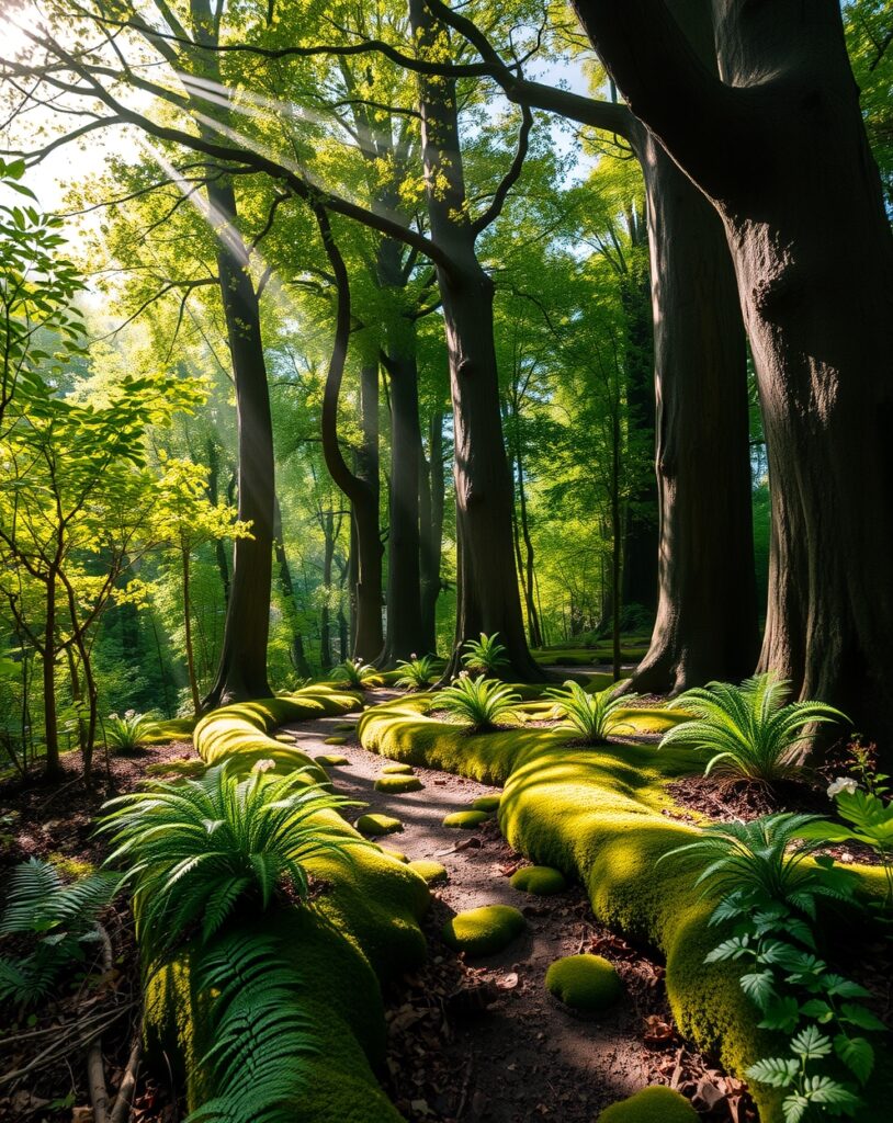 Serene Green Forest Background with Dappled Light – free AI stock image
