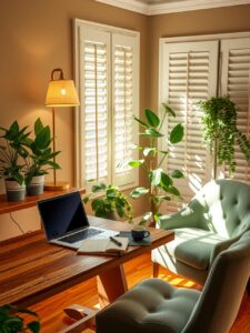 Serene Home Office Amidst Green Plants – free AI stock image