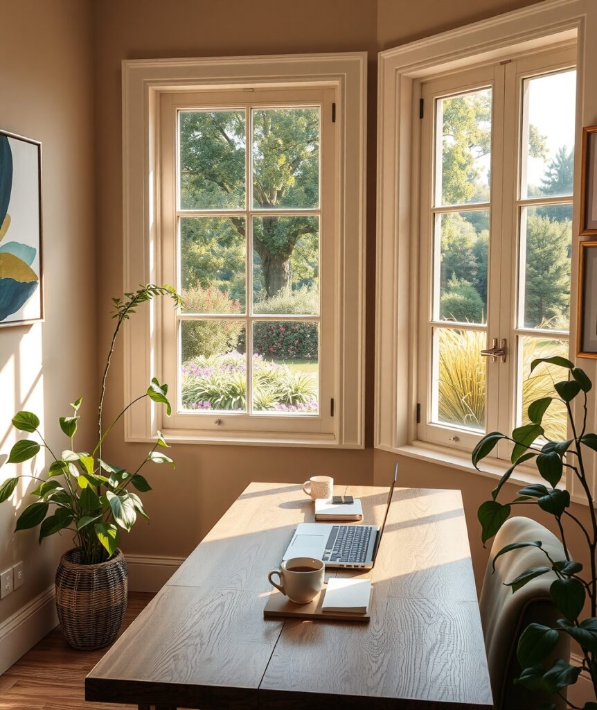 Serene Home Office with Natural Light – free AI stock image