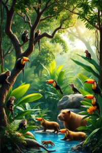A Serene Jungle Scene with Various Animals – free AI stock image