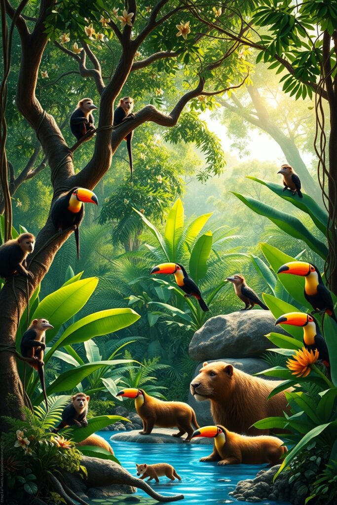 A Serene Jungle Scene with Various Animals – free AI stock image