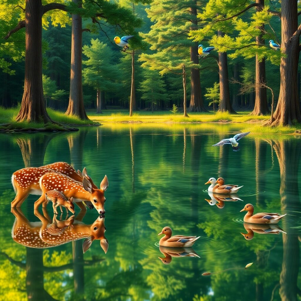 A Serene Lake Among Playful Wildlife – free AI stock image
