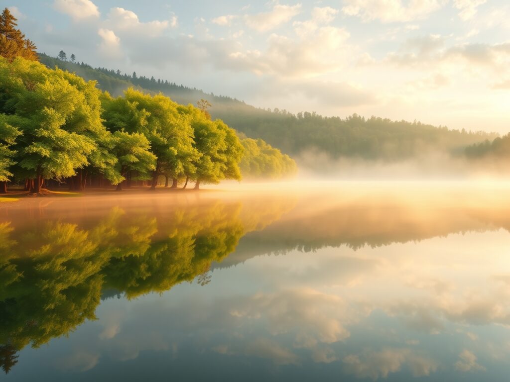Serene Lake at Dawn with Misty Reflections – free AI stock image